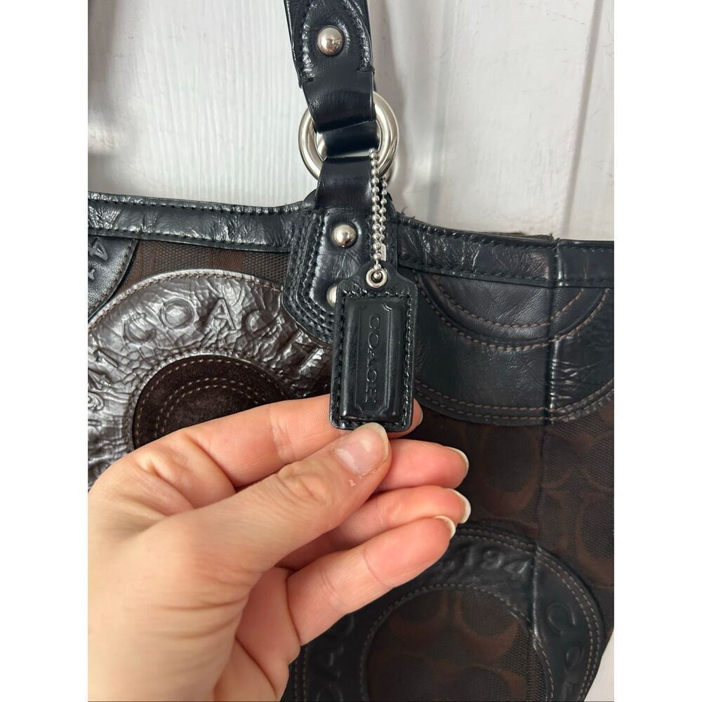 COACH Circle Patchwork East West Tote Black Brown F15466 Shoulder Handbag Purse - Picture 3 of 10